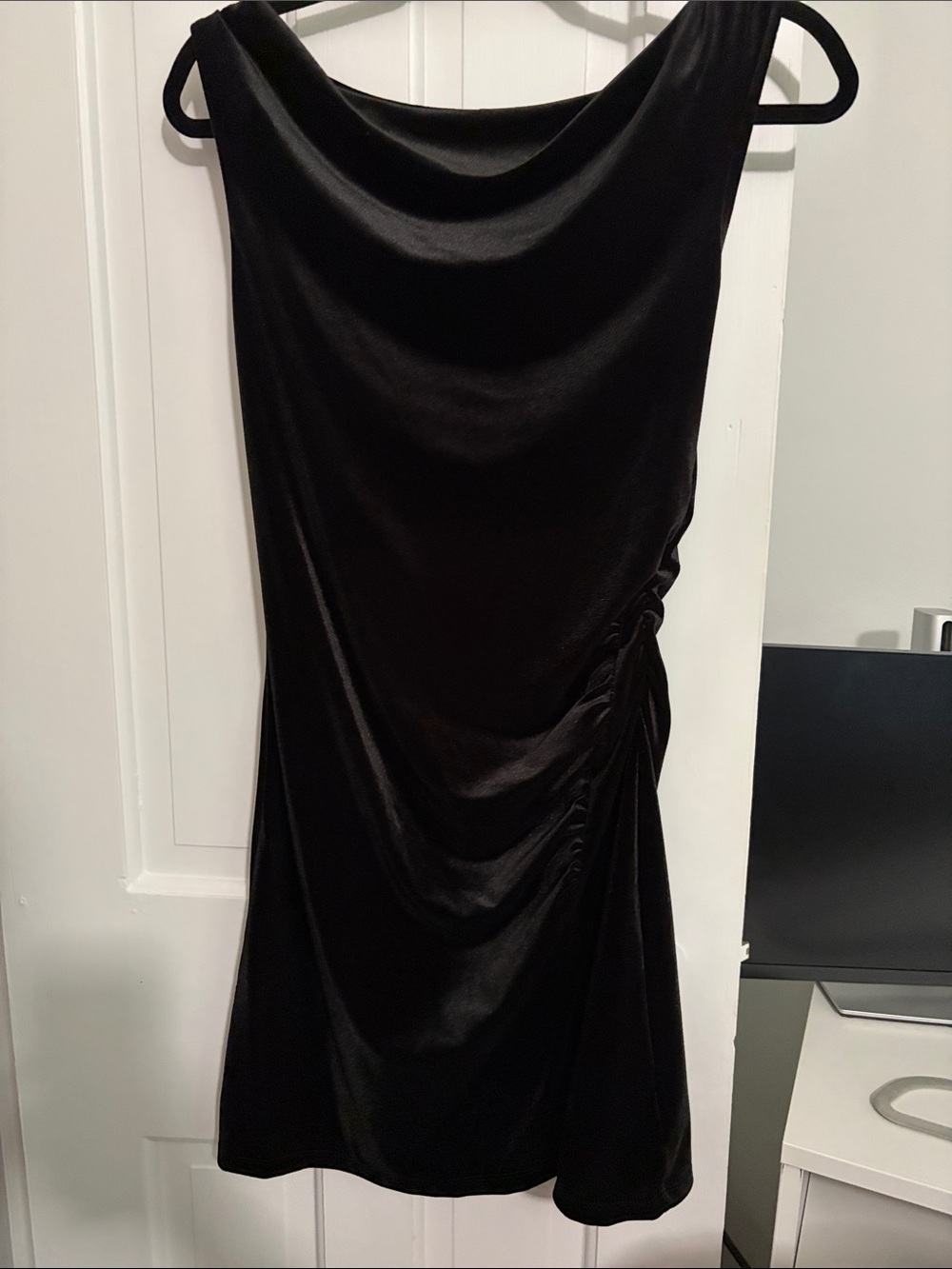 Old Navy Black Satin Cowl Mini Dress with Side ruched and slit